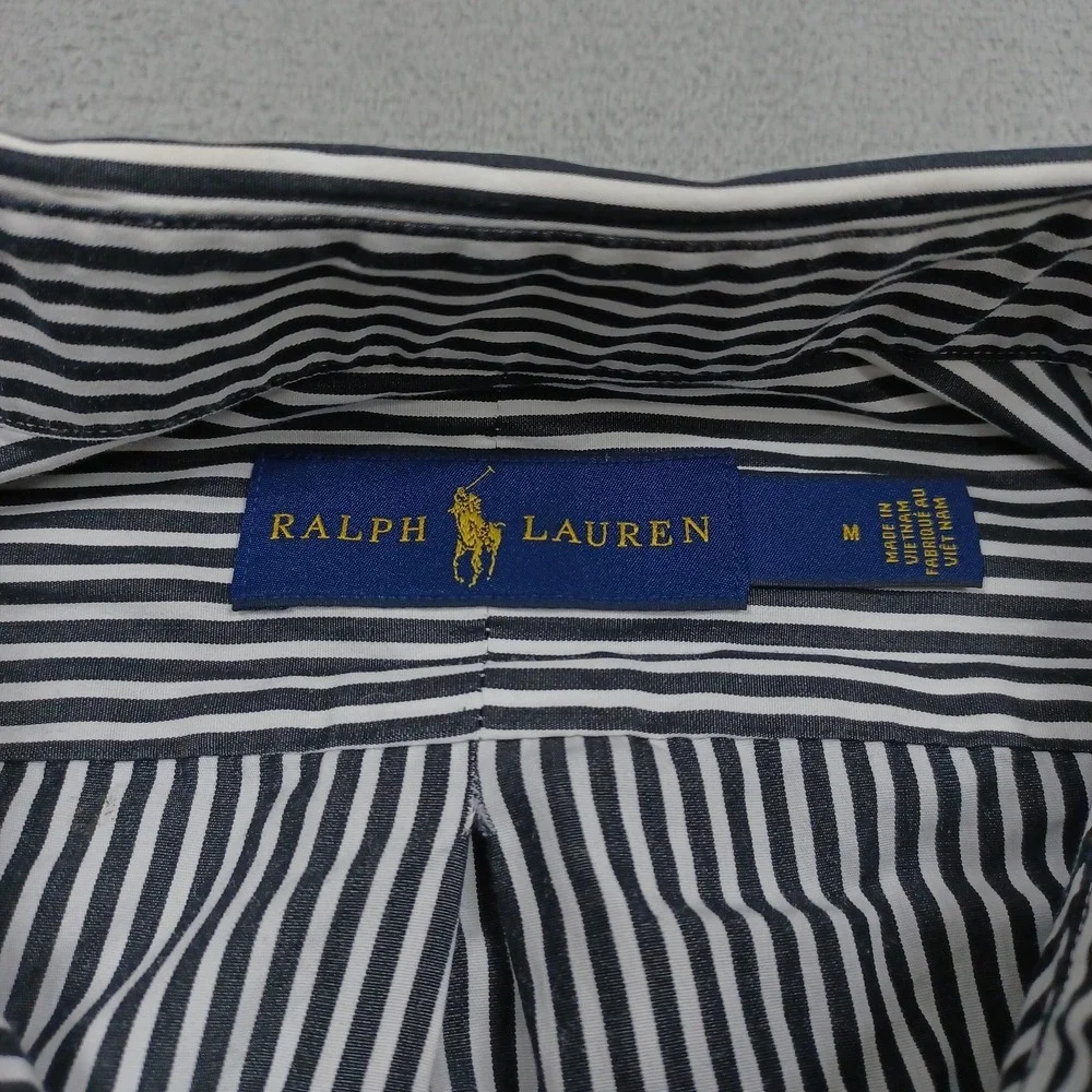Ralph Lauren Shirt Mens Medium Black Striped Classic Fit Cotton Long Sleeve